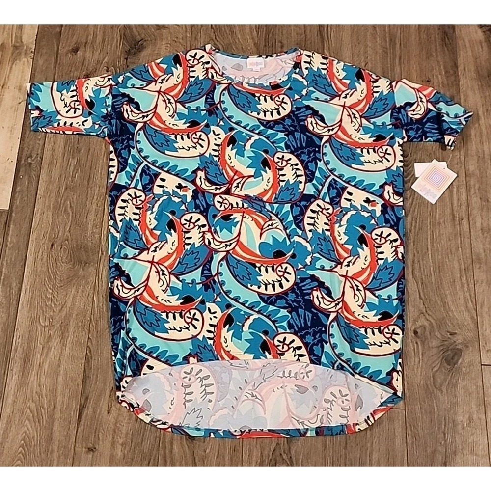 LuLaRoe Irma Teal Pink‎ Oversized Tunic Top Shells Paisley Feathers Sz M 0062